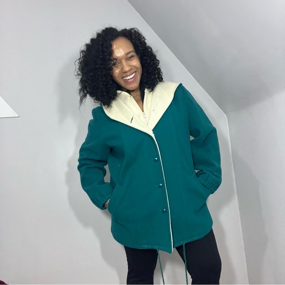 Vintage Green Wool Hooded Jacket Indie Hipster Retro Vest Pea Coat Cottagecore - Picture 16 of 16